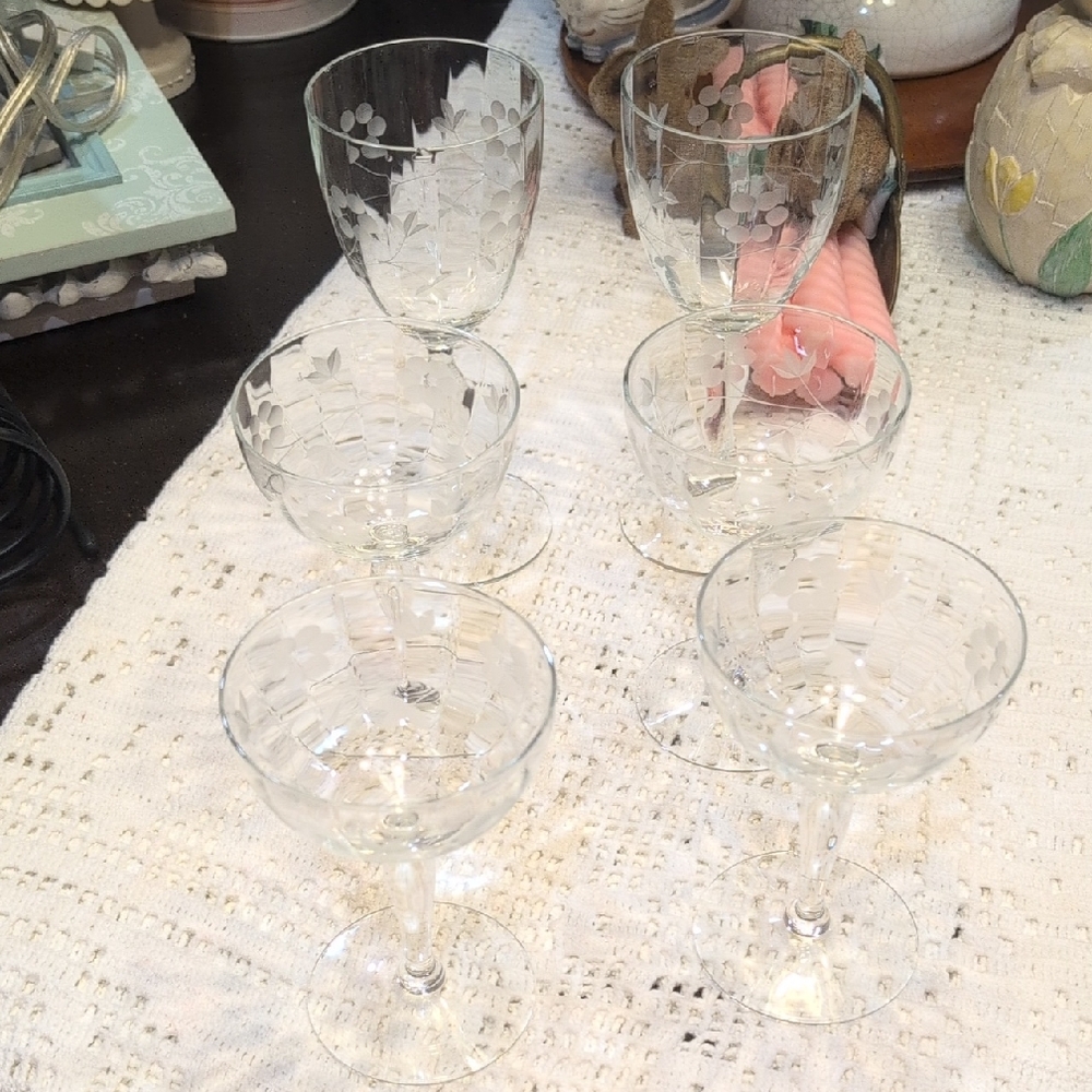 Etched Clear Glass Wine & Cocktail Glasses - Set of 6